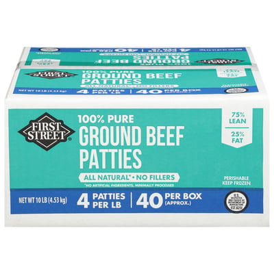 First Street, Ground Beef Patties, 100% Pure, 75%/25% 10 lb
