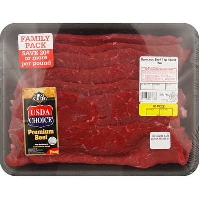 First Street, Beef, Top Round, Boneless, Thin, Family Pack 2.24 lbs avg. pack