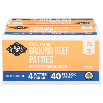 First Street, Ground Beef Patties, 100% Pure, 70%/30% 10 lb