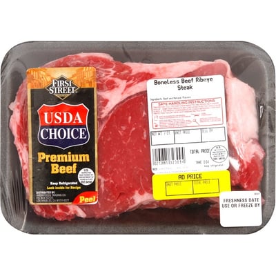 First Street, Beef Steak, Boneless, Ribeye, Premium 0.89 lbs avg. pack