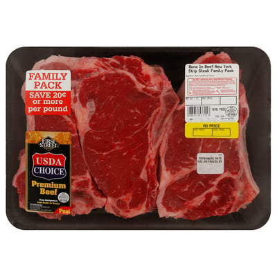 First Street, Beef, New York Strip Steak, Bone In, Family Pack 2.91 lbs Avg. Per Pack