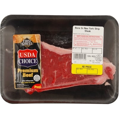 First Street, Beef, New York Strip Steak, Bone In 1.07 lbs avg. pack