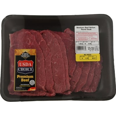 First Street, Beef, Bottom Round Steak, Boneless 1.24 lbs avg. pack