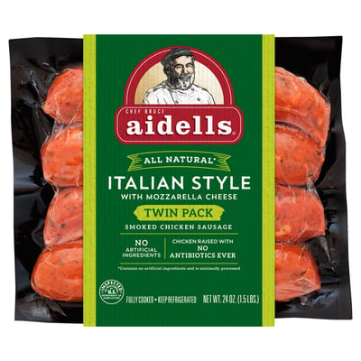 Aidells, Smoked Chicken Sausage, Italian Style with Mozzarella Cheese, Twin Pack, 24 oz. (8 Fully Cooked Links)