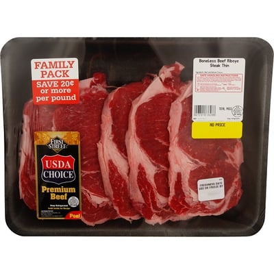 First Street, Beef Ribeye Steak, Boneless, Thin, Family Pack 2.25 lbs avg. pack