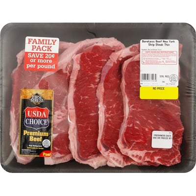 First Street, Beef, New York Strip Steak, Boneless, Thin, Family Pack 1.74 lbs avg. pack