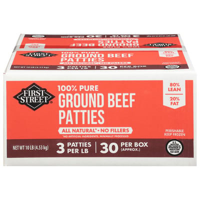First Street, Ground Beef Patties, 100% Pure, 80%/20% 10 lb